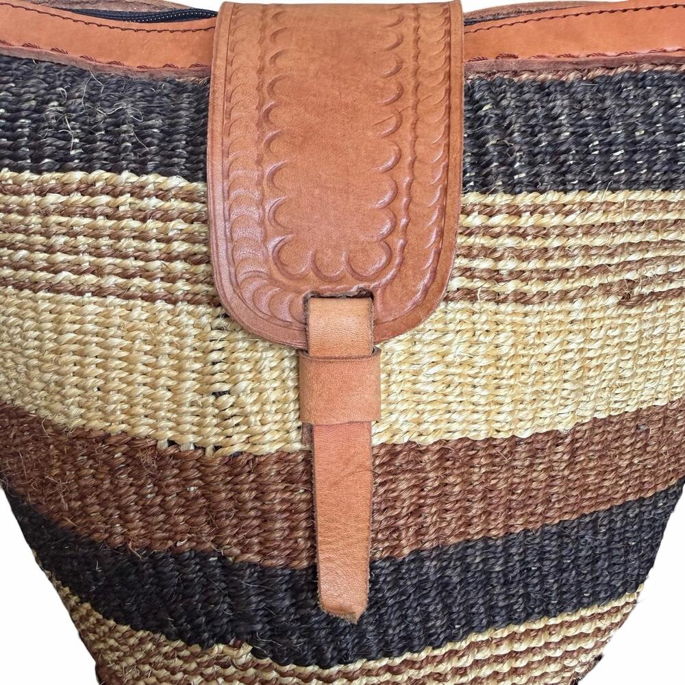 Straw Crossbody Bag Womens Medium Brown Striped Leather Trim Boho Beach - Picture 4 of 10